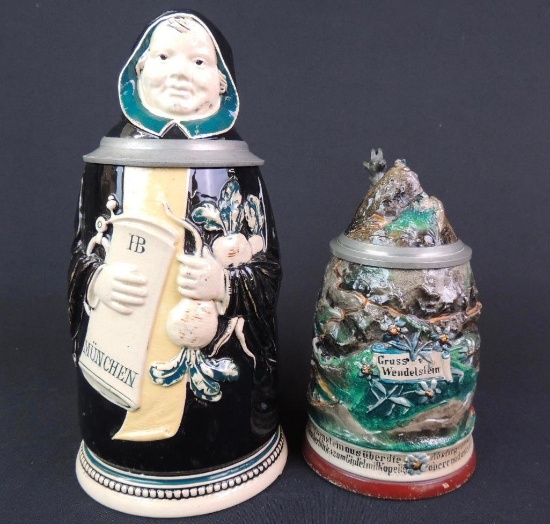 Lot of 2 Antique German Character Steins, Mountain & Monk