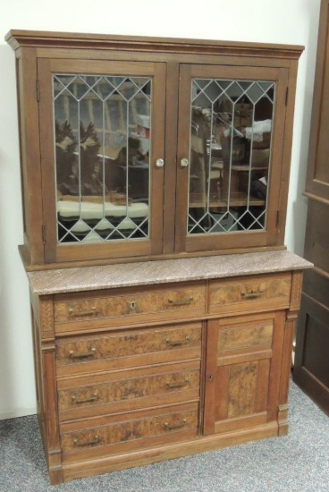 Antique Walnut Server with Leaded Glass Doors and Marble Top