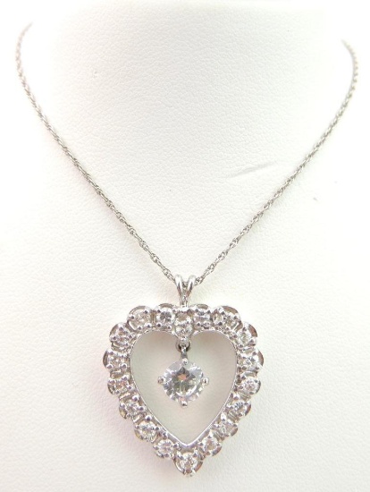 14k White Gold Diamond and Topaz Heart Pendant + Chain