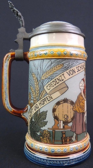 Antique German Mettlach Etched Stein