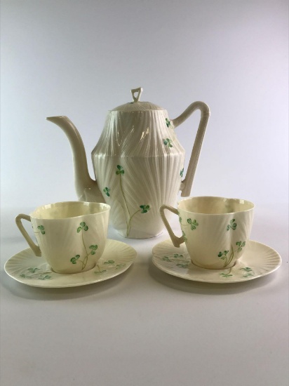 Group of BELLEEK Ireland porcelain , shell and shamrock teapot & two cups and saucers