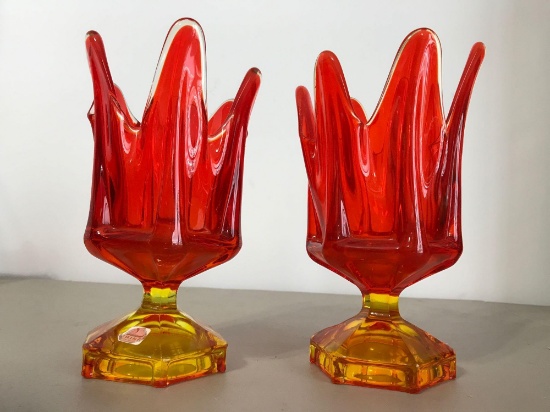 Group of two orange and yellow Viking glass pulled handkerchief vases