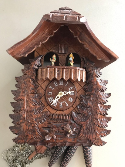 Hummel Carved German cuckoo clock with Hummel Gobel dancing figurines