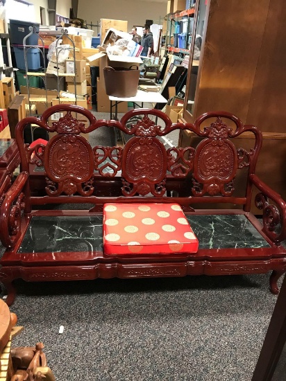 Very ornate red lacquered Asian motif settee