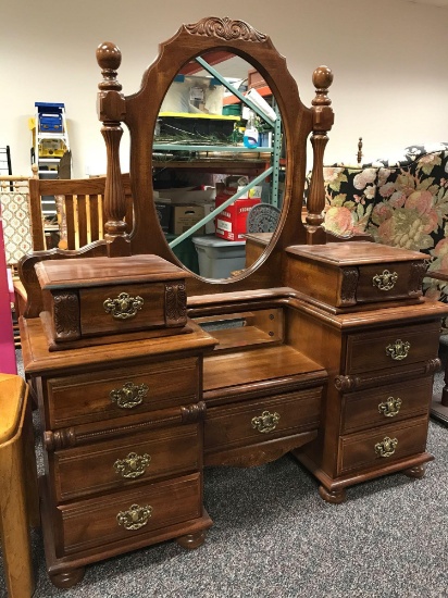 Two piece wooden dresser with mirror