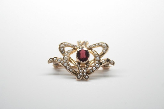 10k Yellow Gold Garnet and Seed Pearl Brooch