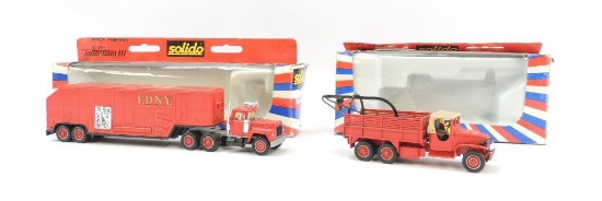 Group of 2 Solido Mack and GMC Die-Cast Pompier Fire Trucks with Original Boxes