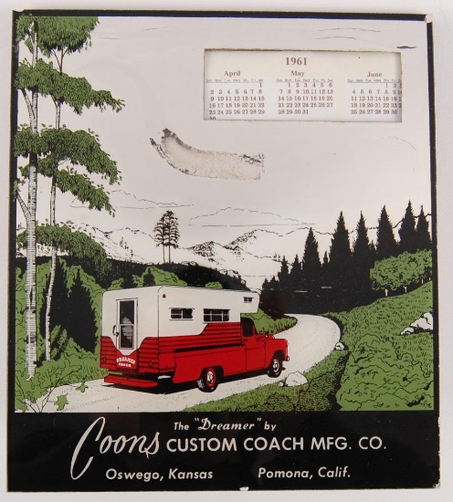 Vintage 1961 Coons Custom Coach Mfg. Co. Reverse Painted Advertising Mirror Calendar