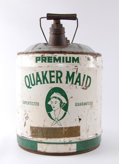 Vintage Premium Quaker Maid Advertising Metal Oil Can with Handle