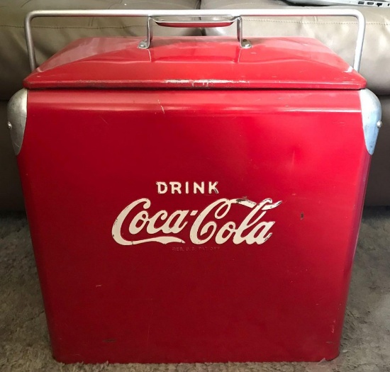 Vintage Coca-Cola metal cooler with ice tray top