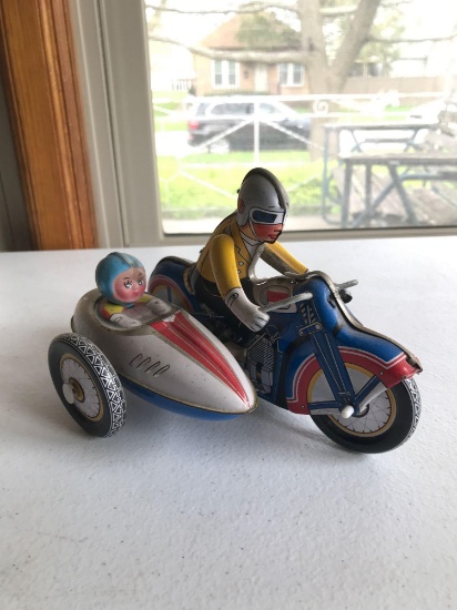 Vintage motorcycle with sidecar tin wind up toy