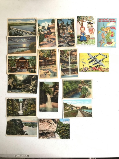 Group of 17 vintage postcards featuring starved rock State Park and more