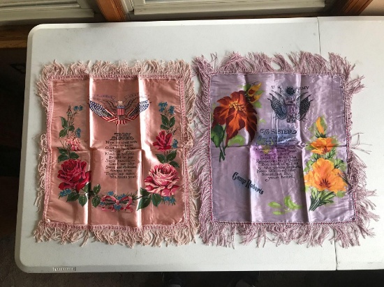 Group of two vintage"to my sister " souvenir silk pillowcases