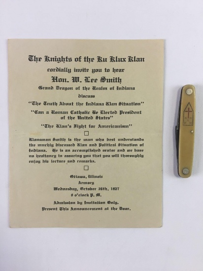 1927 Ku Klux Klan Invitation and Pocket Knife