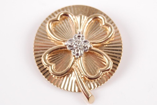 14k Yellow Gold and Diamond 4-leaf Clover Brooch