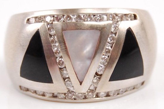 14k White Gold, Onyx, Pearl, and Diamond Band