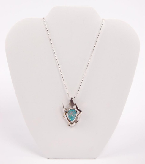 Sterling Silver Sapphire and Opal Pendant and Chain