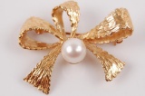 14k Yellow Gold and Pearl Bow Brooch