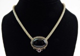 Sterling Silver, Onyx and Amethyst Pendant + Woven Sterling Mesh Necklace