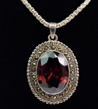 Sterling Silver, Garnet, and Marcasite Pendant + Sterling Chain Necklace