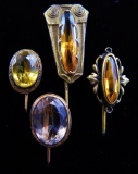 Lot of 4 : Antique Amber Glass Stone Stick Pins