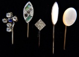 Lot of 4 : Antique Rhinestone Stick Pins - Cross, Oval, Round, and Square