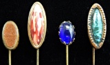 Lot of 4 : Antique Stick Pins - Marble-look Stone, Glass, and Gold Dust Sparkle