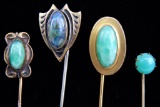 Lot of 4 : Green Stone Antique Stick Pins