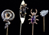 Lot of 4 : Antique Figural Stick Pins - Snake, Frog, Purple Bug, and Fly