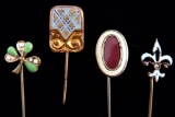 Lot of 4 : Enamel Antique Stick Pins - Fleur de Lis + Shamrock,