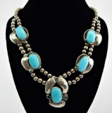 Sterling Silver & Turquoise Bead Leaf Necklace