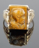 10k Yellow Gold & Tiger's Eye Men's Carved Knight Ring