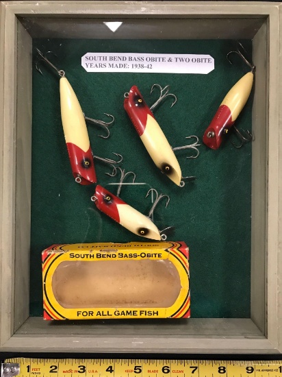 Case of South bend bass obite lures 1938 to 1942