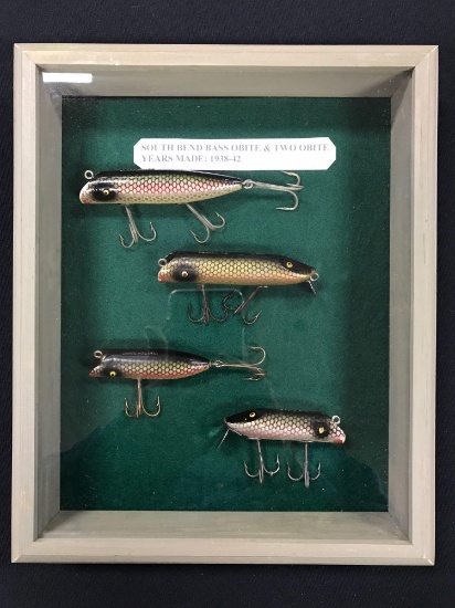 Case of vintage South Bend bass Obite Lures