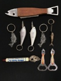 lot of fish related bottle openers And keychains
