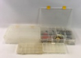 Group of 4 clear fishing tackle boxes and more