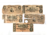 Group of five Confederate states of America 50, 20, and 10 dollar reproduction notes