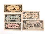 Group of five Japanese government paper currency