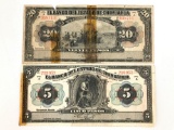 Group of two Mexican 20 and 5 peso notes