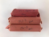 Three rolls of 1959 P and 1961 D pennies