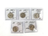 Group of five 1943 wartime silver nickels
