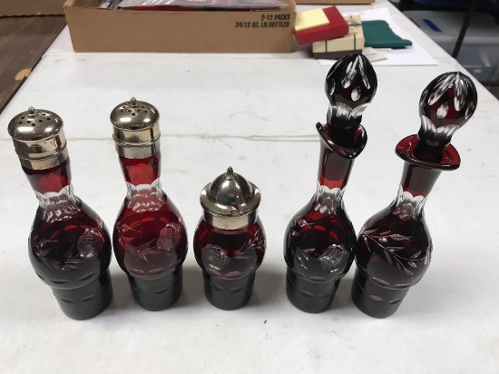 Set of 5 Ruby Red Flash Castor Cruet Condiment Bottles