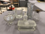 Group of clear glass pitcher, vase and more