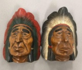 Pair of Indian head hand-carved wooden decor