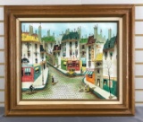 Framed oil painting of street scene