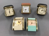 Group of 5 Westclox Vintage traveling alarm clocks