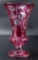 Antique Cranberry Cut to Clear Crystal Vase with Leaves and Fruit Motif