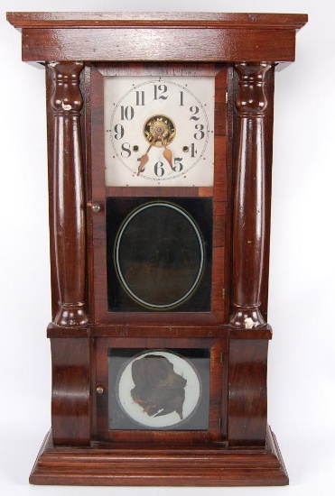 Antique Seth Thomas Eight Day Weight Clock with Reverse Painted Glass Featuring Hunting Dog and