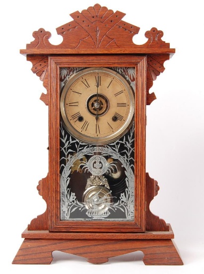 Antique Ansonia Clock Co. Oak Mantle Clock with Pendulum