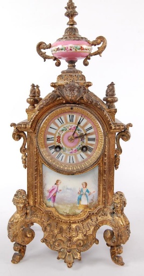 Antique Ornate Brass Clock with Porceilain Face